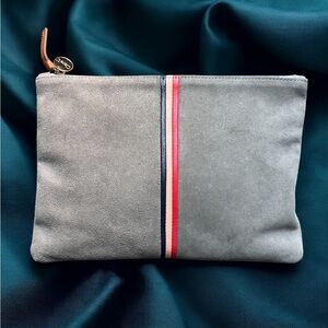 Clare V. Suede Gray Clutch Bag Black Pink Red Leather Stripes Gold Tone Charm